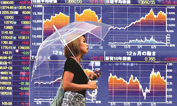 A woman walks past an electronic monitor displaying graphs of Japanu2019s various stock indices outside a securities firm in Tokyo. The Nikkei ended 0.4% lower yesterday as exporters took another hit from the yenu2019s strength.