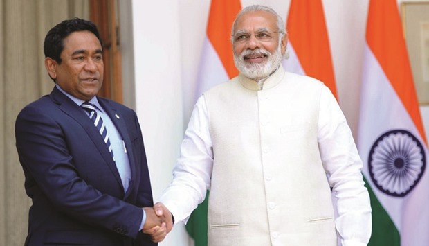 Indian Prime Minister Narendra Modi, right, with Maldivian President Abdulla Yameen at Hyderabad House in New Delhi yesterday.