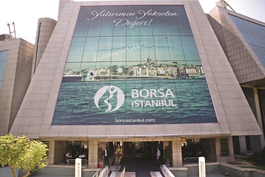 The main entrance to the Borsa Istanbul, the stock exchange, is seen in Istanbul. The Borsa Istanbul 100 Index yesterday jumped 1.6% to the highest level in a week.