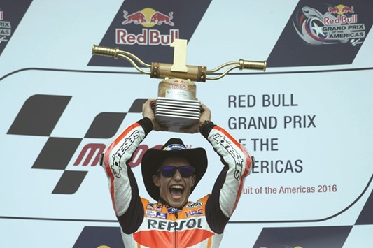 Repsol Honda rider Marc Marquez celebrates his victory in the Grand Prix of The Americas in Austin, Texas, on Sunday. (AFP)