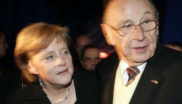 German chancellor Angela Merkel is seen with Hans-Dietrich Genscher in this file picture taken on March 21, 2007.