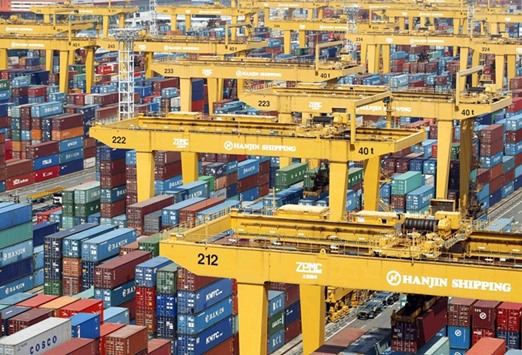 Hanjin Shippingu2019s container terminal is seen at the Busan New Port. South Koreau2019s exports in March fell by a less-than-expected 8.2% from a year earlier to $42.98bn, the ministry of trade, industry and energy said  yesterday.