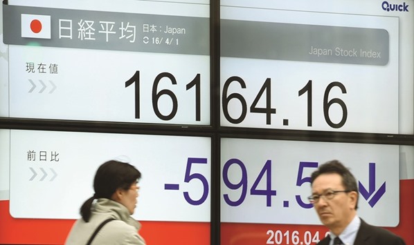 People walk past a stock quotation board in Tokyo. The Nikkei 225 closed down 3.6% to 16,164.16 points yesterday.
