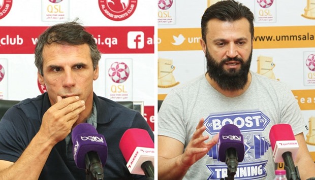 Al Arabi coach Gianfranco Zola (L) and Umm Salal coach Bulent Uygun during a pre-match press conference.