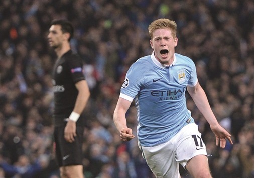 Manchester Cityu2019s Belgian midfielder Kevin de Bruyne celebrates after scoring during the UEFA Champions league quarter-final.