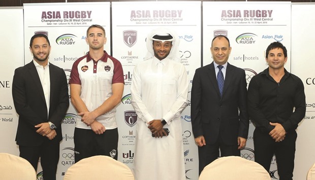 (From left) IEC general manager Joe Karrat, Qatar national rugby 15s team captain Tom Featherstone, team manager Hamad Anbar Abdulla, Copthorne Hotel general manager Kabalan Frangieh and QRF senior coordinator Samuel Rico at a press conference ahead of the tri-nation Asia Rugby Championship Division III yesterday.