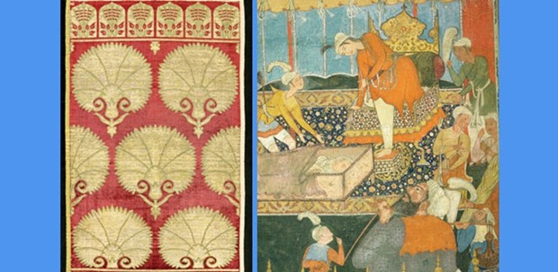 Cushion Cover, 17th Century Turkey. Right: Illustration from the Qissa-i Amir Hamza, 16th century India.