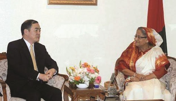 Bangladesh Prime Minister Sheikh Hasina during a meeting with Chinese Assistant Minister for Foreign Affairs Kong Xuanyou in Dhaka yesterday.