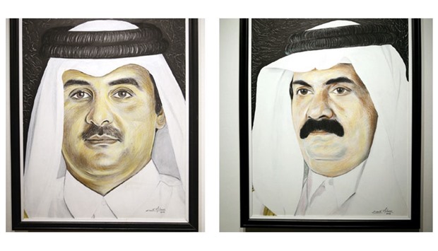 Among the exhibits are portraits of HH the Father Emir Sheikh Hamad bin Khalifa al-Thani and HH the Emir Sheikh Tamim bin Hamad al-Thani.