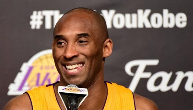 Kobe Bryant, of the Los Angeles Lakers, addresses the media after his final NBA game at Staples Center in Los Angeles on Wednesday.