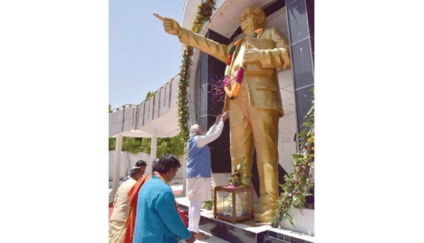 Prime Minister Narendra Modi pays homage to Ambedkar in Mhow, Madhya Pradesh yesterday.