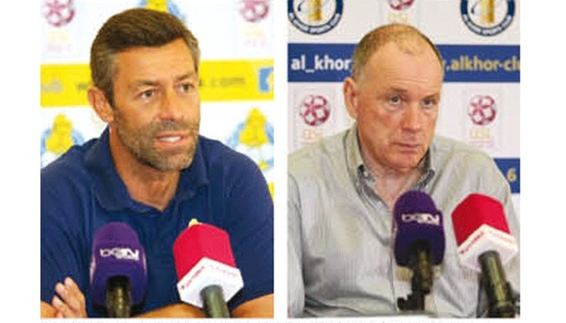 Gharafa coach Pedro Caixinha (L) and Khor coach Jean Fernandez during the press conference.