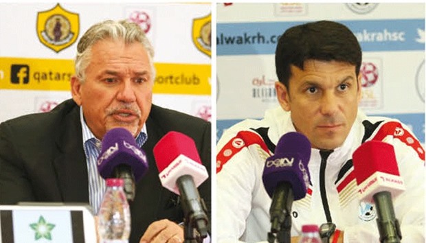 Qatar Sports Club coach Sebastiao Lazaroni (L) and Al Wakrah coach Mauricio Larriera during the pre-match press conferences at the Al Sadd stadium.