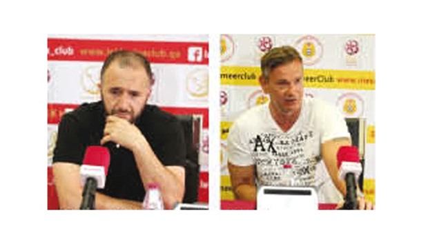 Lekhwiya coach Djamel Belmadi (L) and Mesaimeer coach Rodion Gacanin during the pre-match press conferences.