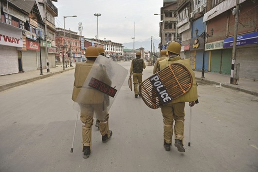 Paramilitary troops patrol during a tense curfew in Srinagar yesterday. A man was killed in Kashmir yesterday when soldiers fired on protesters, taking the death toll to five in clashes that have continued for the fourth consecutive day, officials said. u201cThe 19-year-old was brought to the hospital with bullet injuries but he could not be saved,u201d a doctor at a local hospital said.