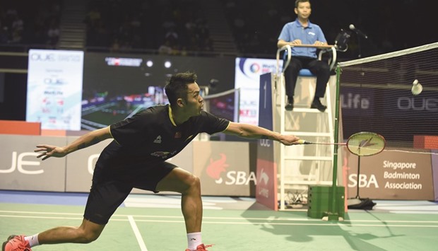 Lin Dan of China during their singles semifinal at the Singapore Open in Singapore yesterday. (AFP)