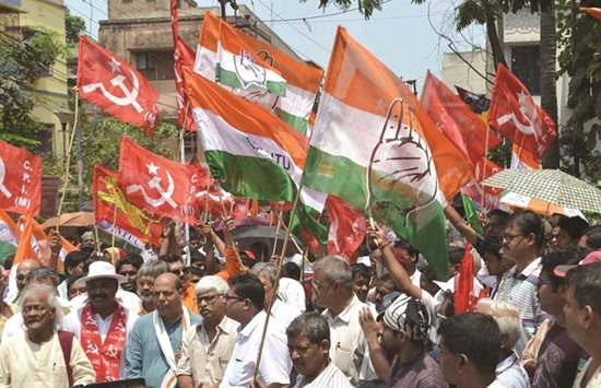 Leaders and activists of the Left-Congress combine take out a rally at Baruipur ahead of West Bengalu2019s third phase of election to be held on April 21 in South 24 Parganas, yesterday.
