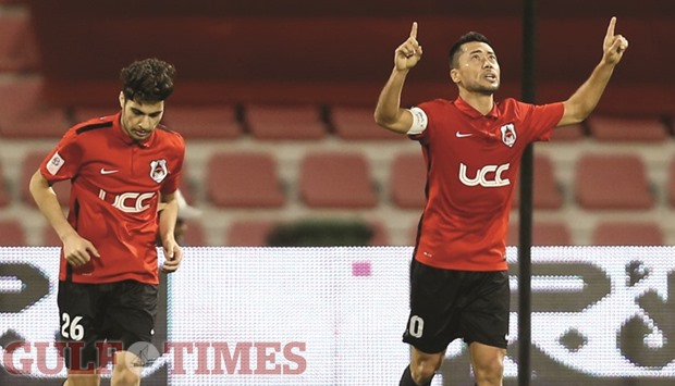 Rayyanu2019s Rodrigo Tabata celebrates his goal against Al Ahli yesterday. Tabata became the joint highest-scorer this seasonu2019s QSLI aling with El Jaishu2019s Abderazak Hamdallah with 21 goals.