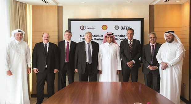 Qatargas, UASC and Shell officials after signing the agreement. Through this agreement, the partners will explore the development of new markets for LNG to be used as propulsion fuel within the Middle East and the conversion of UASCu2019s existing vessels providing the opportunity to use a cleaner fuel.