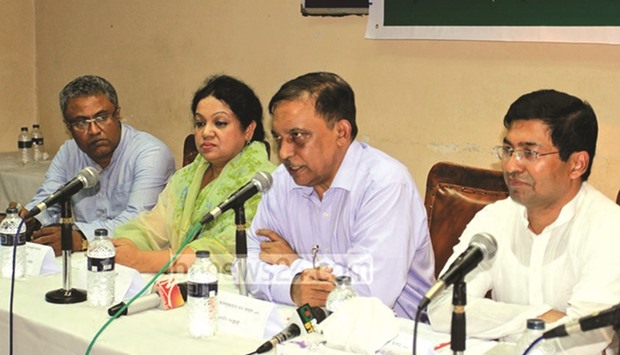 Bangladesh Home Minister Asaduzzaman Khan Kamal speaking at a press conference in Dhaka yesterday.
