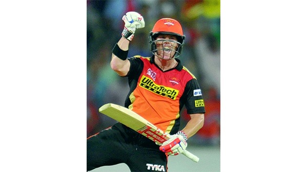 Sunrisers Hyderabad captain David Warner celebrates after winning the match against Mumbai Indians in Hyderabad yesterday. (AFP)