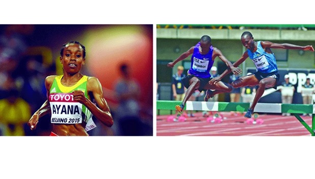 World champions Almaz Ayana (left) and  the field in the menu2019s 3000m steeplechase is led by two-time Olympic champion Kenyau2019s Ezekiel Kemboi (second left) and compatriot Jairus Birech.
