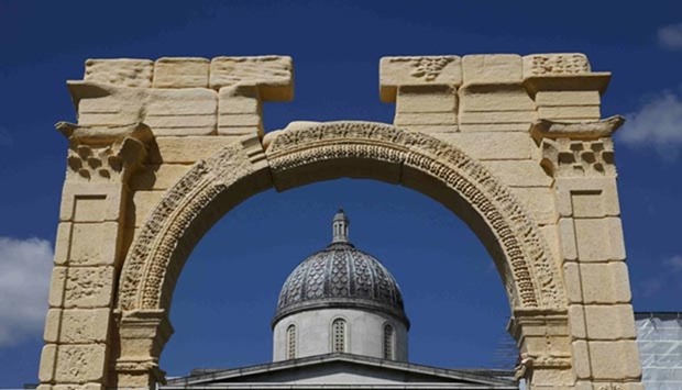 A 5.5-metre recreation of the Arch of Triumph in Palmyra is seen at Trafalgar Square in London on Tuesday.