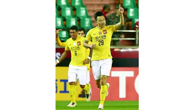 Gao Lin (R) of Chinau2019s Guangzhou Evergrande celebrates his goal against South Koreau2019s Pohang Steelers during their AFC Champions League match in Pohang. (AFP)