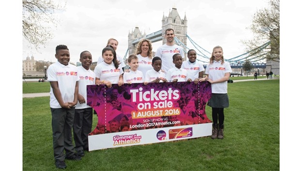 Para athlete Georgie Hermitage (back row, left), former athlete Sally Gunnell (back row, centre) and athlete Robbie Grabarz (back row, right) attend a launch event for the London 2017 World Athletics Championships yesterday. (AFP)