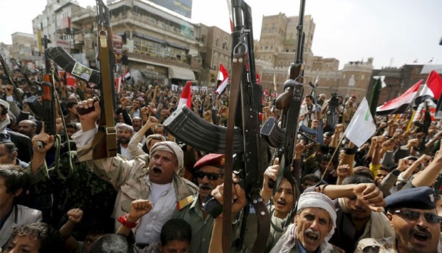 Armed Houthi followers rally against Saudi-led air strikes in Sanaa, Yemen. June 14, 2015 file picture.