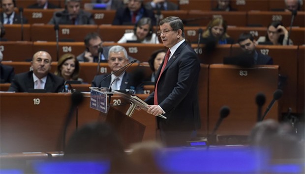 Turkish Prime Minister Ahmet Davutoglu speaks at the Council of Europe parliamentary assembly