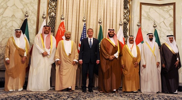 (From left to right) Kuwaiti Defence Minister Sheikh Khaled al-Jarrah al-Sabah, Qatari Minister of State for Defence Affairs HE Dr Khalid bin Mohamed al-Attiyah, Omanu2019s Defence Minister Badr bin Saud al-Busaidi, US secretary of Defence Ashton Carter, Saudi Defence Minister and Deputy Crown Prince Mohamed bin Salman, Bahrainu2019s Minister for Defence Affairs Yussef bin Ahmed al-Jalahma, UAE Defence Minister Mohamed al-Bowardi and Gulf Co-operation Council (GCC)u2019s Secretary-General Abdullatif bin Rashid al-Zayani pose for a picture during the GCC Defence Ministerial summit in Riyadh yesterday.