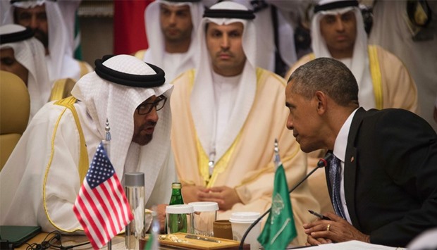 US President Barack Obama (R) speaks with Sheikh Mohammed bin Zayed al-Nahyan (L), Crown Prince of Abu Dhabi, during the US-Gulf Cooperation Council Summit in Riyadh