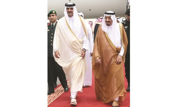 HH the Emir Sheikh Tamim bin Hamad al-Thani  being received by the Custodian of the Two Holy Mosques, King Salman bin Abdulaziz al-Saud, of Saudi Arabia, at Riyadh Air Base Airport yesterday.