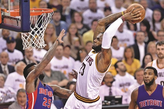 Cleveland Cavaliers forward LeBron James (23) slam dunks over Detroit Pistons forward Reggie Bullock (25) during the second quarter in game two of the first round of the NBA Playoffs at Quicken Loans Arena on wednesday.  Picture: Ken Blaze-USA TODAY Sports