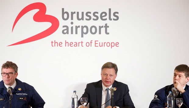 (LtoR) Federal Police spokesman Peter De Waele, Brussels Airport CEO Arnaud Feist and Federal Police spokesman Michael Jonniaux give a press conference regarding the reopening of Brussels Airport Zaventem.