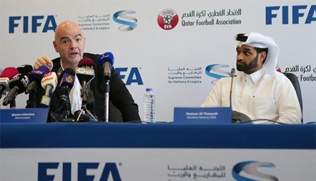 FIFA President  Gianni Infantino addressing a press conference in Doha on Friday. At right is SC Secretary General Hassan al-Thawadi. Picture: Jayaram