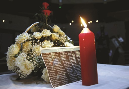 A candle is placed in front of names of students killed in the Garissa University during prayers in Nairobi to mark the first anniversary of the deadly attack.
