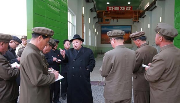 North Korean leader Kim Jong Un is seen at the Paektusan Hero Youth Power Station No. 3 in Ryanggang province in this photo released by Korean Central News Agency (KCNA) on Saturday.