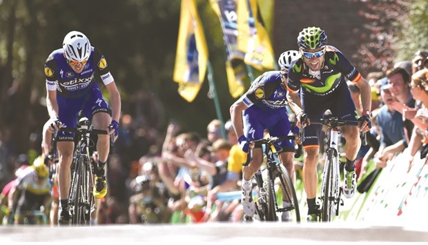 Spainu2019s Alejandro Valverde (right) sprints ahead of French cyclist Julian Alaphilippe (left) to win the 80th La Fleche Wallonne, a 196km race from Marche-en-Famenne to Huy in Belgium last week. (AFP)