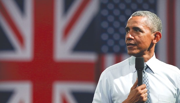 US President Barack Obama answering questions from members of the audience at an event in central London yesterday.  Obama has warned Britain  against leaving the European Union, undercutting a key argument of eurosceptics by saying London would be u201cat the back of the queueu201d for a post-Brexit trade deal. The US presidentu2019s comments on Britainu2019s June 23 EU membership referendum at a press conference with UK Prime Minister David Cameron drew a furious reaction from those campaigning to leave the 28-country bloc.