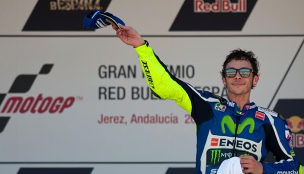 Italian rider Valentino Rossi celebrates his victory in the Spanish Moto Grand Prix at the Jerez racetrack in Jerez de la Frontera on Sunday.