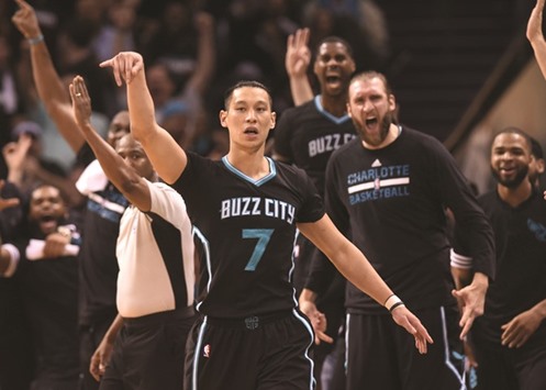 Charlotte Hornets guard Jeremy Lin (7) reacts after scoring during the second half in game three of the first round of the NBA Playoffs against the Miami Heat.