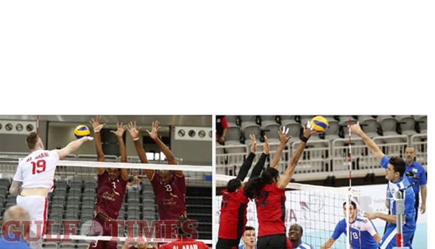 El Jaish (in maroon) came back from behind to beat Qatar Volleyball League champions Al Arabi (in white) 3-2 (23-25, 21-25, 25-21, 25-23, 15-11) in the second game of the best-of-three Qatar Cup playoff yesterday. In the first game on Friday, Arabi had won 3-0. (Right) In the other playoff game, Al Rayyan (in red) eliminated Police (in blue) by winning their second consecutive game 3-2 (24-26, 25-16, 27-25, 21-25 15-10). PICTURES: JAYARAM