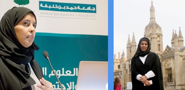 HOLDING FORTH: Dr Asmaa Alfadala delivering a speech at HBKU on International Womenu2019s Day. Right: DOWN MEMORY LANE: Graduation day, University of Cambridge.