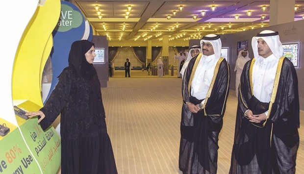 HE the Prime Minister and Interior Minister Sheikh Abdullah bin Nasser bin Khalifa al-Thani and HE the Minister of Energy and Industry Dr Mohamed bin Saleh al-Sada visiting an exhibition on the sidelines of the Tarsheed anniversary event yesterday.