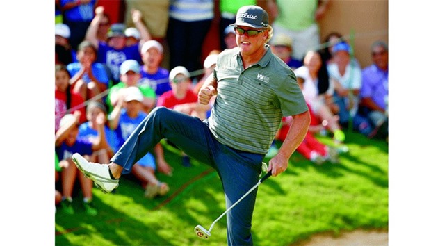 American golfer Charley Hoffman reacts to his winning putt on the 18th hole during the final round of the Valero Texas Open, in San Antonio on Sunday. (AFP)