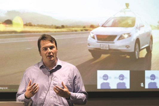 Chris Urmson, director of the Self Driving Cars Project at Google, speaks during a preview of Googleu2019s prototype autonomous vehicles in Mountain View, California, on September 29, 2015. Alphabetu2019s Google unit, Ford Motor Co, Uber, Volvo Cars and Uber rival Lyft are part of the Self-Driving Coalition for Safer Streets.