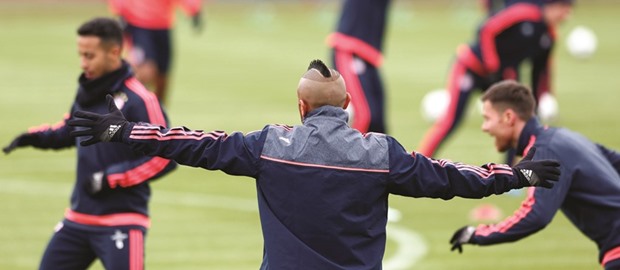 Bayern Munichu2019s Arturo Vidal attends training prior to Champions League semi-final against Atletico.