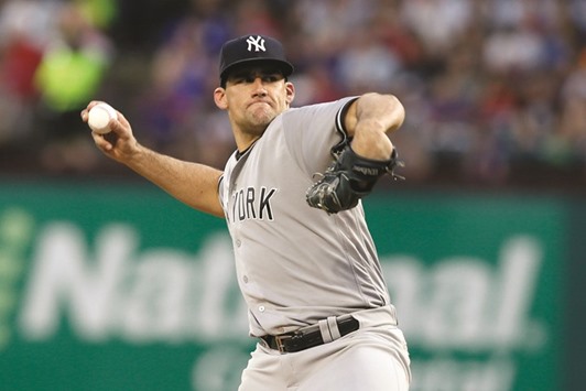 New York Yankees starting pitcher Nathan Eovaldi throws a pitch in the third inning against the Texas Rangers at Globe Life Park in Arlington. New York won 3-1. PICTURE: USA TODAY Sports